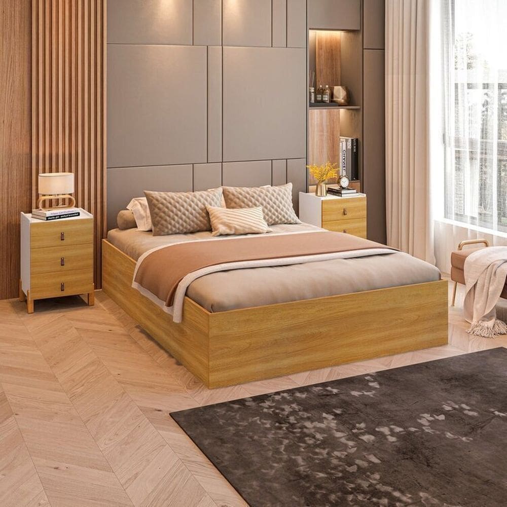 Conjunto Cama Box Casal Lia com Mesa Cabeceira com 3 Gavetas Dumont Branco/Freijó