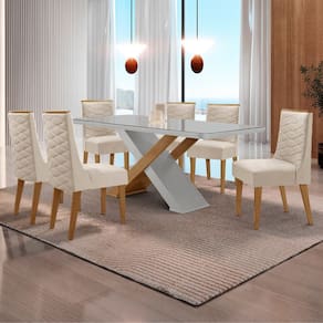Mesa para Sala de Jantar Carol 180cm MDF Canto Copo com Vidro e 6 Cadeiras Safira