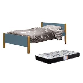 Cama Solteiro Simba Azul Fosco Com Pés Amadeirado E Colchão D33 Reller Móveis