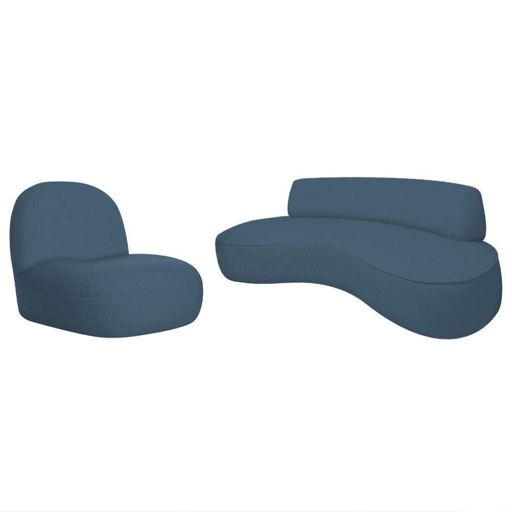 Sofá Curvo 200cm 3 L E 1 Poltrona Orgânico Escritório Recepção Sala Amsterdã Linho Azul Royal