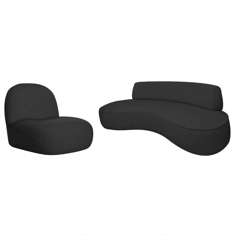 Sofá Curvo 180cm 3 L E 1 Poltrona Orgânico Escritório Recepção Sala Amsterdã Linho Preto