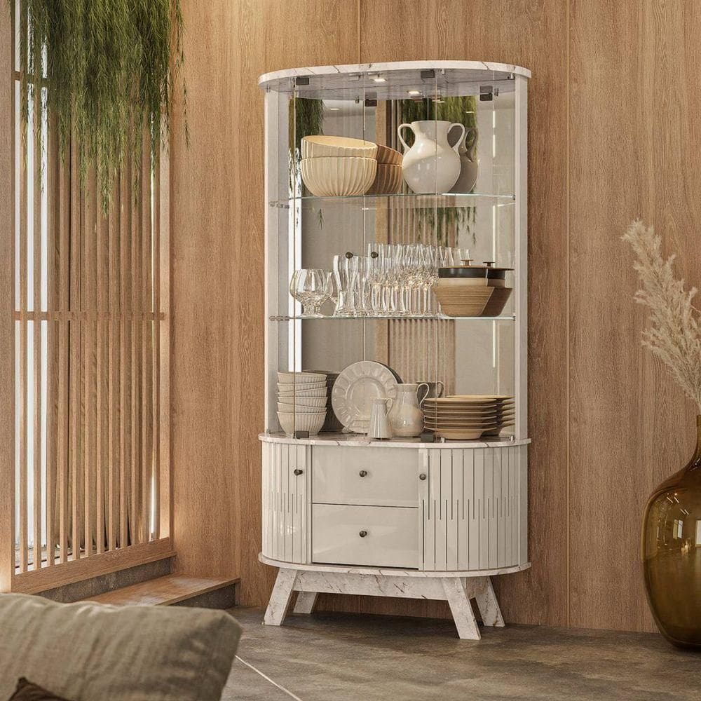 Cristaleira com Led e Portas de Vidro 90x160cm Moss Madetec Calacata Off White
