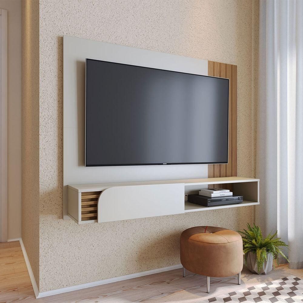 Painel Home Suspenso com Detalhe Ripado Para TV Até 60` Jurere Off White Matte Freijo Colibri