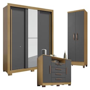 Guarda Roupa Solteiro Nevoa Flex 3 Portas de Correr com Espelho com Cômoda Madri e Armário Multiuso Egito Carvalho Americano Grafite - Incorplac