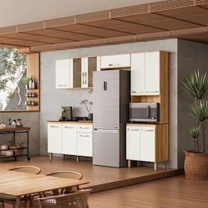 Armário de Cozinha Completo com Balcão 261x208cm Fit Nicioli Freijó Off White
