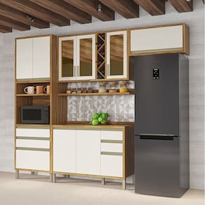 Cozinha Modulada Compacta 4 Peças 9 Portas com Vidro e Tampo 100% Mdf Barbados Espresso Móveis Amêndoa/Off White