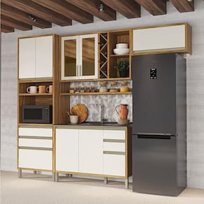 Cozinha Modulada Compacta 4 Peças 8 Portas e Vidro Reflecta 100% Mdf Barbados Espresso Móveis Amêndoa/Off White
