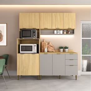 Cozinha Modulada Ibiza 03 Peças 100% Mdf com Torre Quente - com Tampo Louro Freijó | Cinza