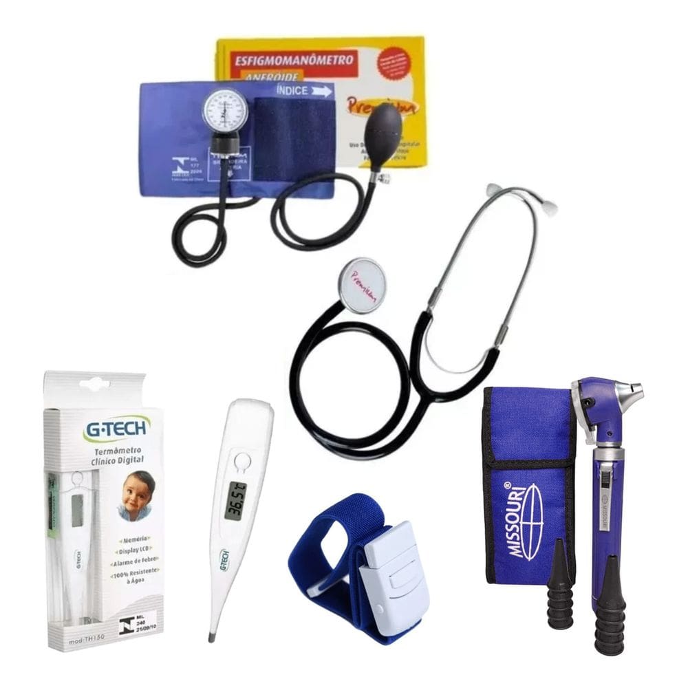 Esfigmo Com Esteto Simples + Garrote Azul + TH 150 Branco + OTC Azul