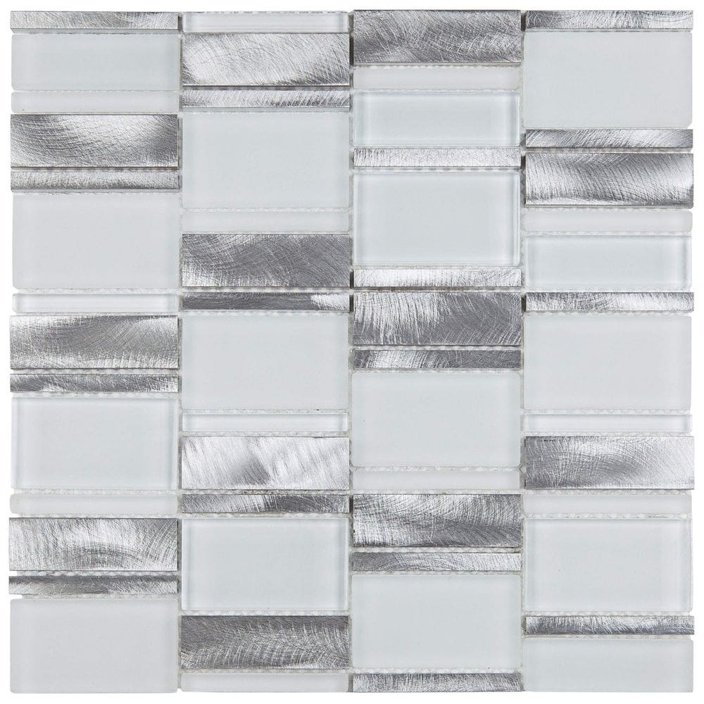 Pastilha Mesclada de Vidro e Inox 29,4 X 29,8cm Petrus Glass Mosaic placas Branco/Metal