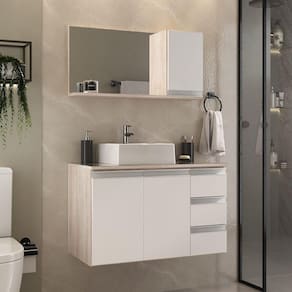 Conjunto Gabinete Banheiro Prisma 80cm Gabinete + Cuba + Espelheira Com Vidro Madeirado Branco