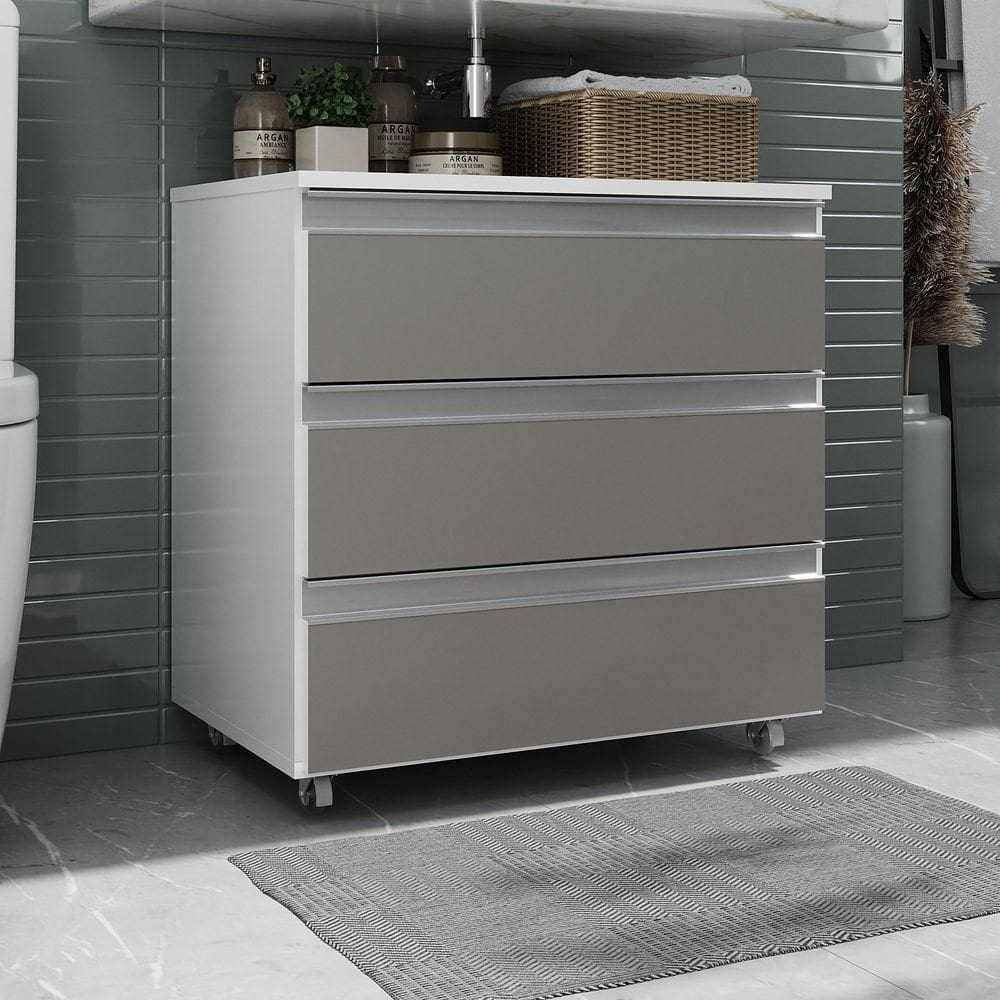 Gabinete Banheiro Rodinhas Joia 60cm 03 Gavetas Branco Cinza