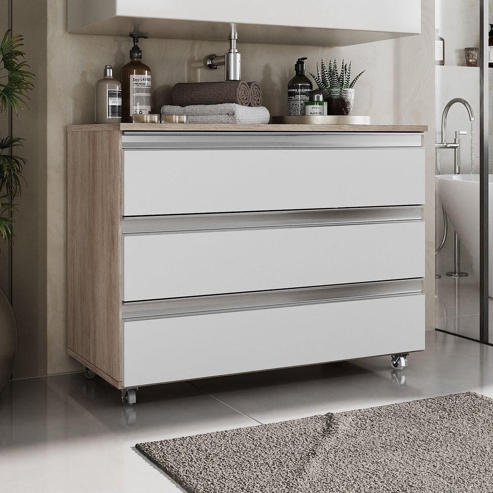 Gabinete Banheiro Rodinhas Joia 80cm 03 Gavetas Madeirado Branco
