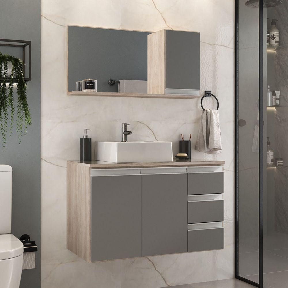 Conjunto Gabinete Banheiro Prisma 80cm Gabinete + Cuba + Espelheira Com Vidro Madeirado Cinza