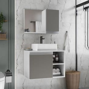 Conjunto Gabinete Banheiro Virtus 60cm - Gabinete + Cuba + Espelheira Branco Cinza