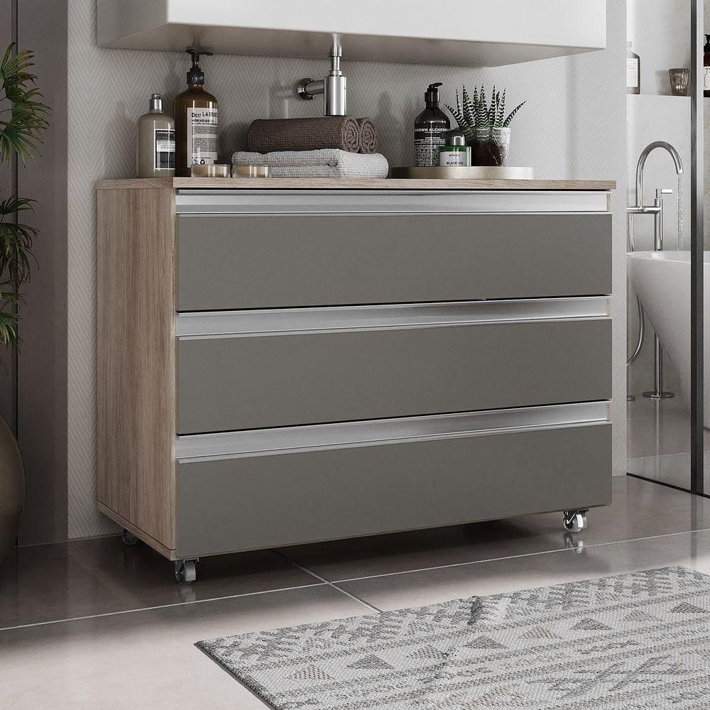 Gabinete Banheiro Rodinhas Joia 80cm 03 Gavetas Madeirado Cinza