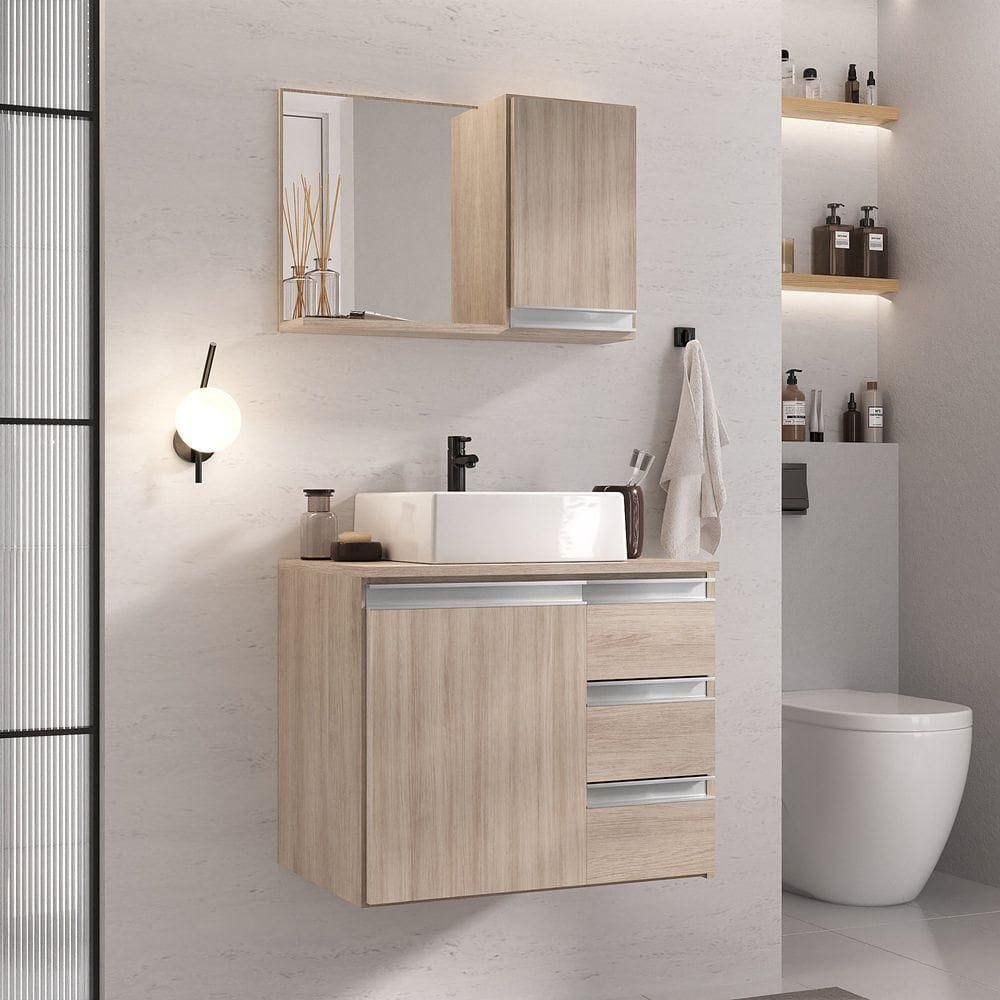 Conjunto Gabinete Banheiro Prisma 60cm Gabinete + Cuba + Espelheira Com Vidro Madeirado Inteiro