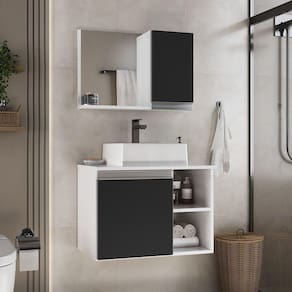 Conjunto Gabinete Banheiro Virtus 60cm - Gabinete + Cuba + Espelheira Branco Preto