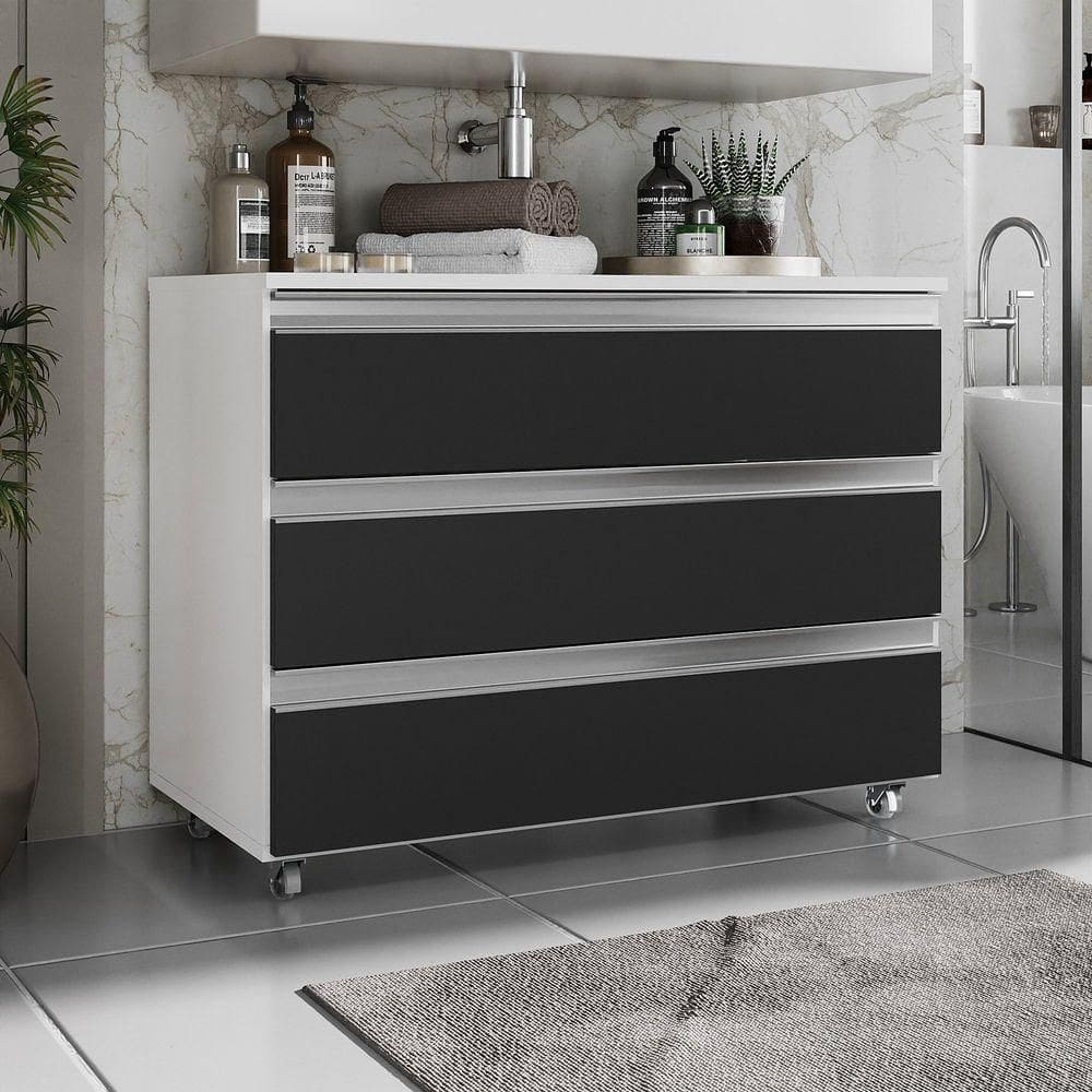 Gabinete Banheiro Rodinhas Joia 80cm 03 Gavetas Branco Preto