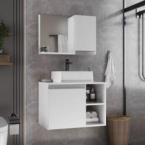 Conjunto Gabinete Banheiro Virtus 60cm - Gabinete + Cuba + Espelheira Branco Inteiro