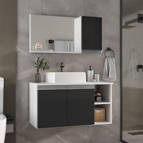 Conjunto Gabinete Banheiro Virtus 80cm - Gabinete + Cuba + Espelheira Branco Preto
