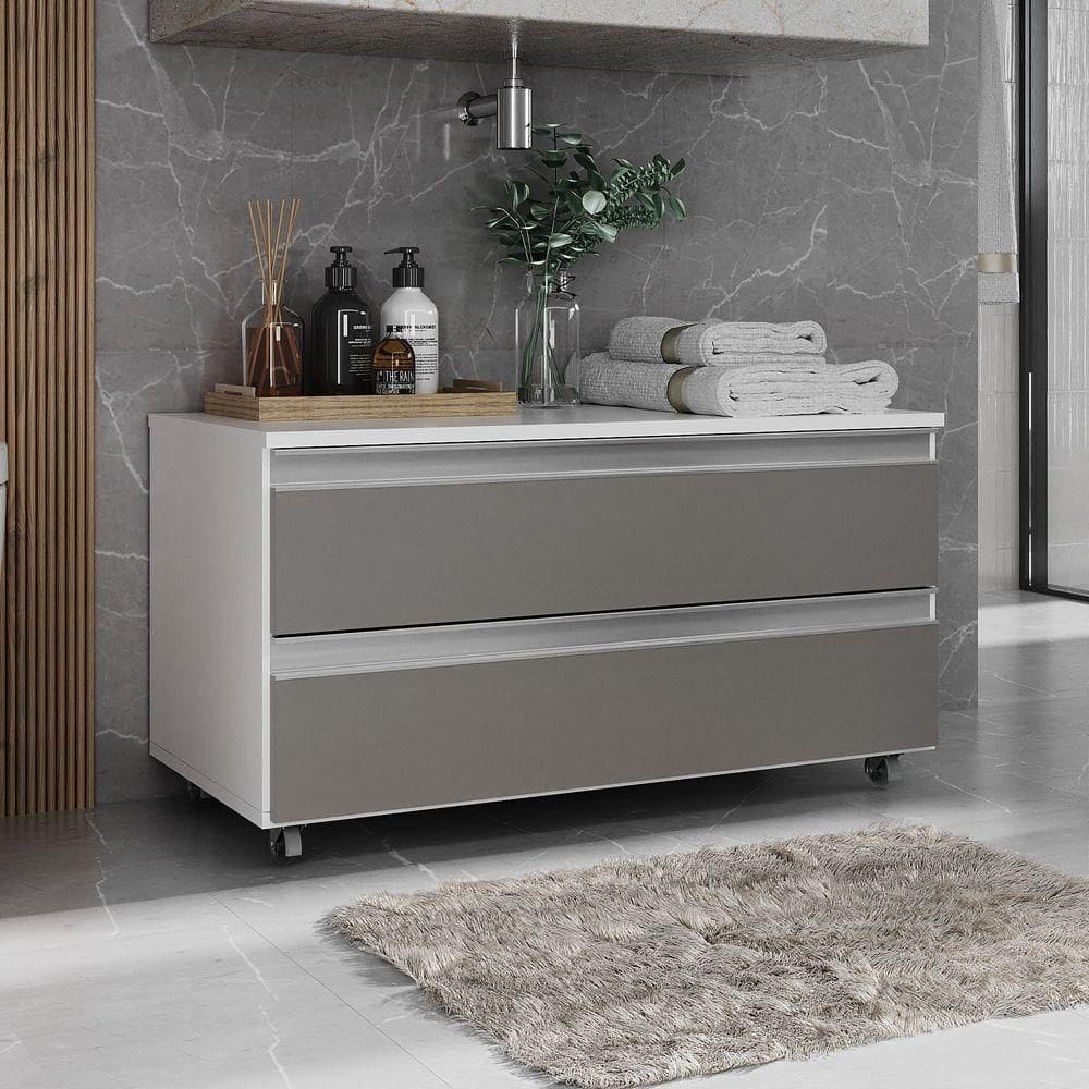 Gabinete Banheiro Rodinhas Joia 80cm 02 Gavetas Branco Cinza
