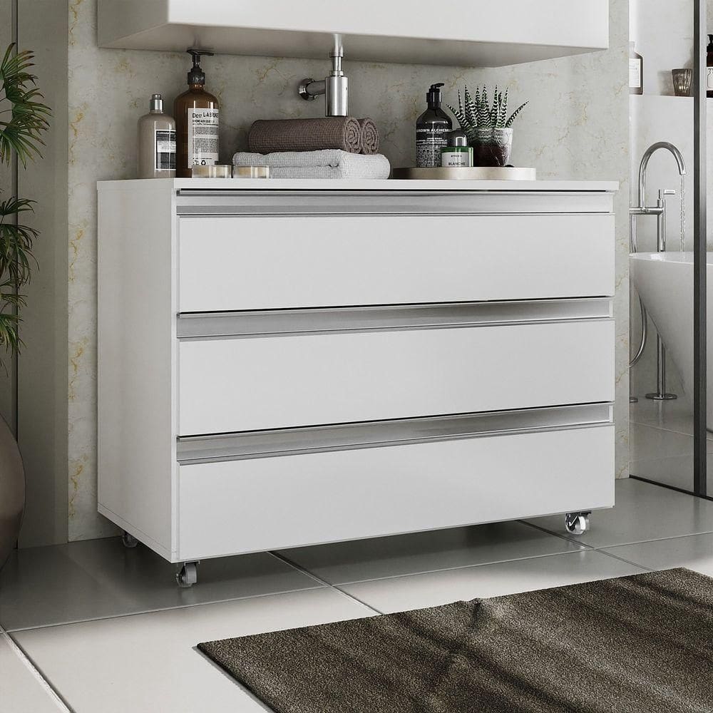 Gabinete Banheiro Rodinhas Joia 80cm 03 Gavetas Branco Inteiro