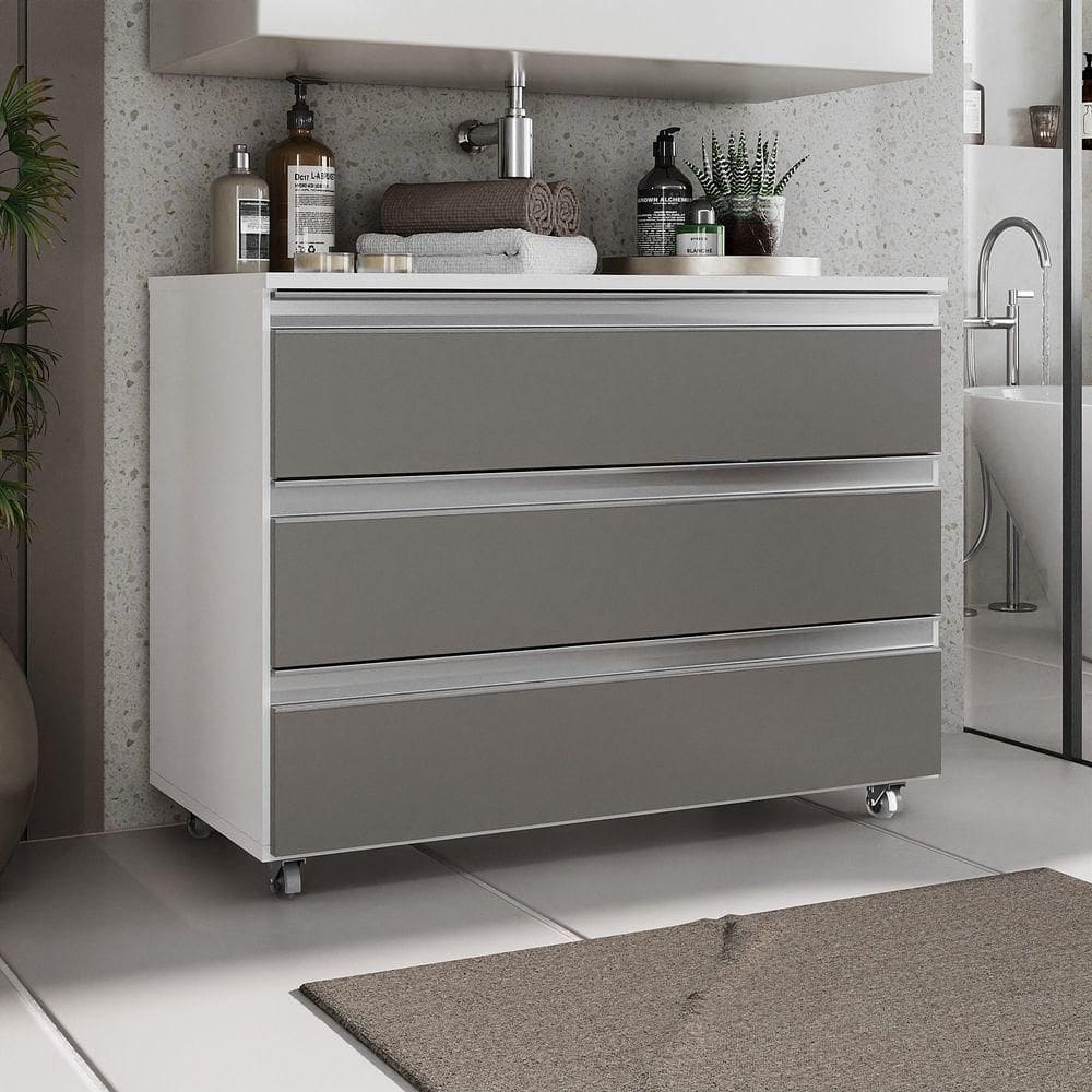 Gabinete Banheiro Rodinhas Joia 80cm 03 Gavetas Branco Cinza