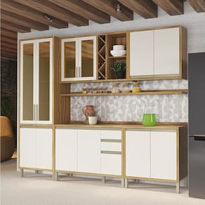 Cozinha Modulada Completa 5 Peças 12 Portas com Vidro e Tampo 100% Mdf Barbados Espresso Móveis Amêndoa/Off White