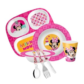 Kit Refeição Infantil Minnie 7 Peças Pratos, Tigela, Copo Melamina e Talheres Inox - Tuut