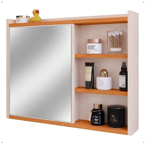Espelheira Armário Banheiro 60 cm Espelho Porta Prateleira Organizadora Lavabo Luxo - Off White/Cinamomo
