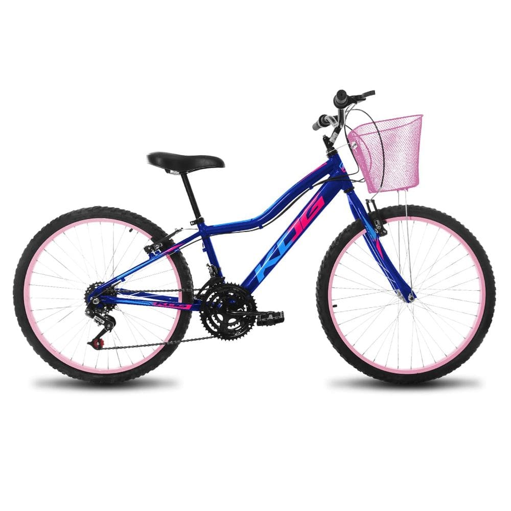 Bike Feminina Infantil Aro 24 KOG em Alumínio 18V 3x8 Marcha com Cestinha Azul Signos Rosa