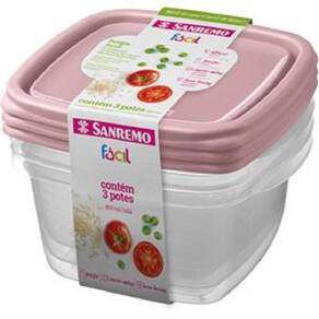 Conjunto 3 Potes Quadrados Plástico c/ Tampa, Salmao, 800ml