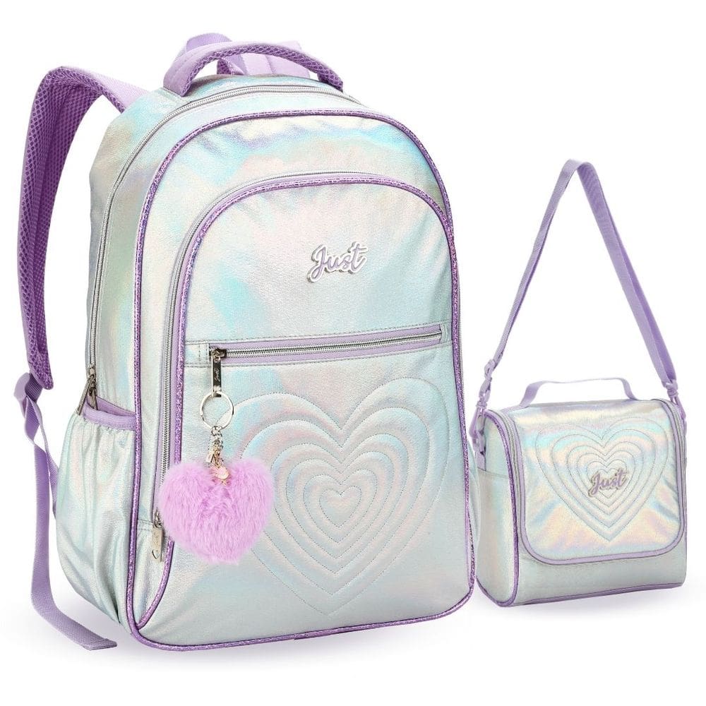 Kit Mochila e Lancheira Escolar Juvenil Metalizado Prata