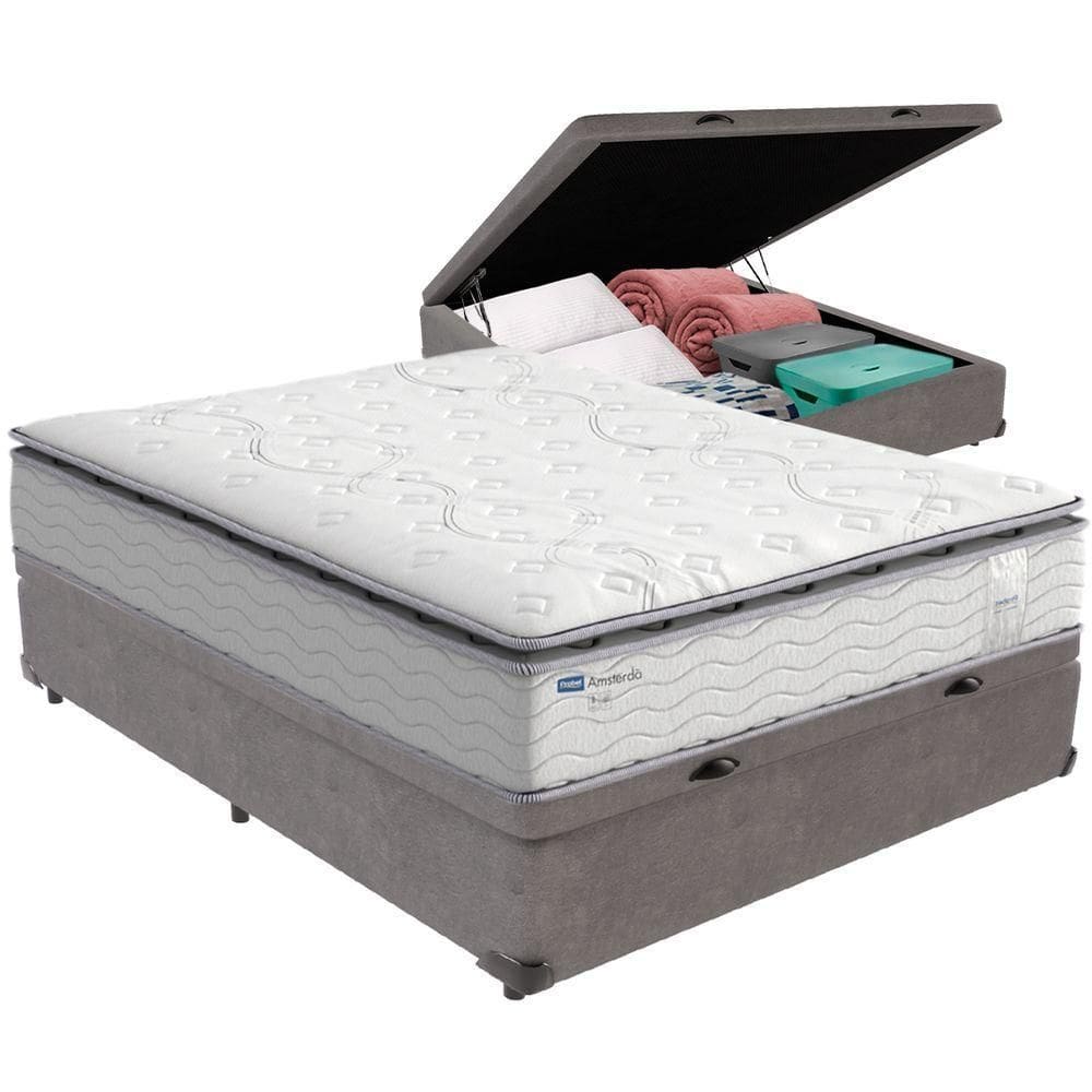Cama Box Baú Cinza E Colchão Amsterdã Molas Ensacadas Casal Probel
