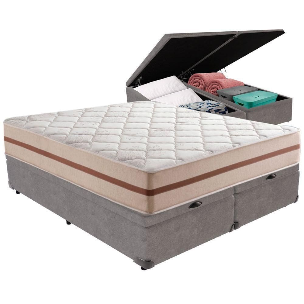 Cama Box Baú Cinza E Colchão Classic 26 Cm Molas Ensacadas King Anjos