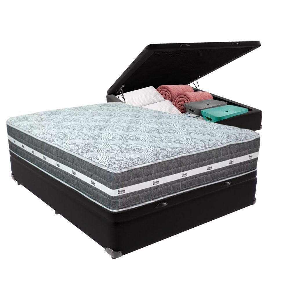Cama Box Baú Preto E Colchão Black Graphite Molas Ensacadas Casal 138x188x27 Anjos