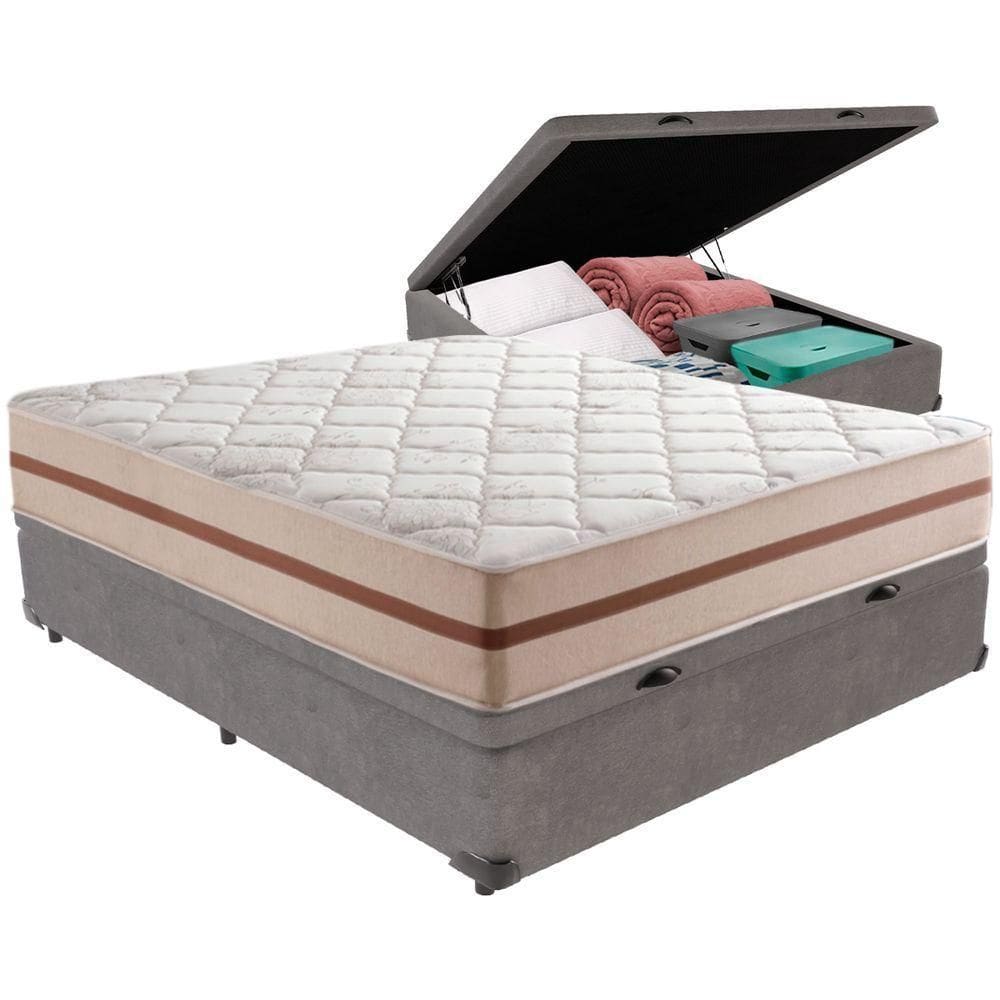 Cama Box Baú Cinza E Colchão Classic 22 Cm Molas Ensacadas Casal Anjos