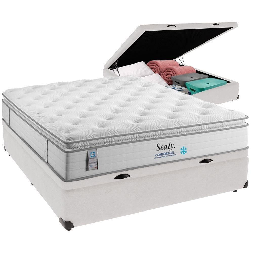 Cama Box Baú Branco E Colchão Confort Gel Molas Ensacadas Com Pillow Top Casal Sealy