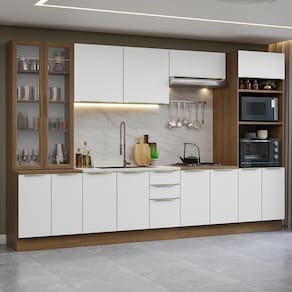 Armário De Cozinha Completa 340cm Rustic/branco Veludo Lux Madesa 02 Rustic/branco Veludo