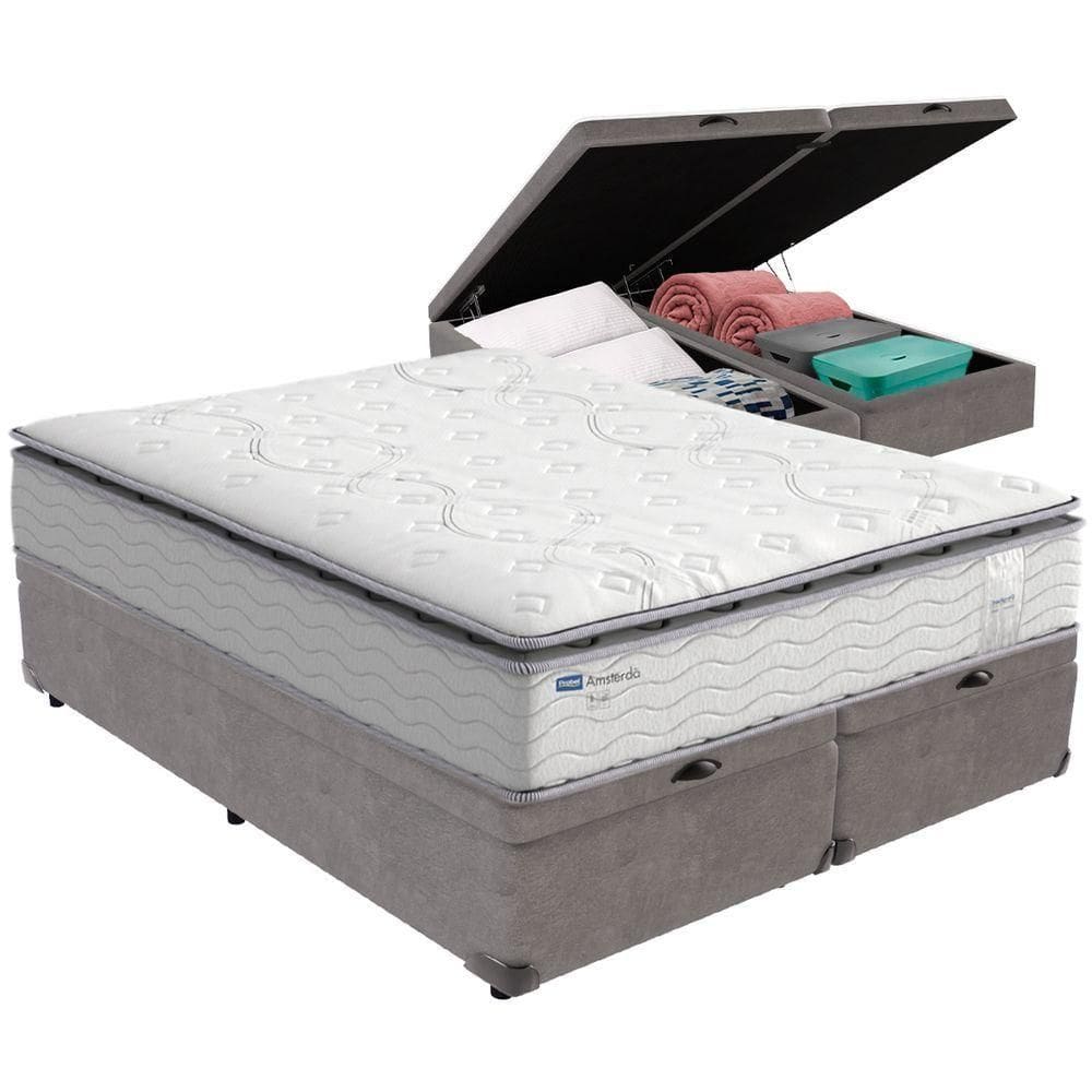 Cama Box Baú E Colchão Amsterdã Molas Ensacadas Queen Probel Queen Cinza