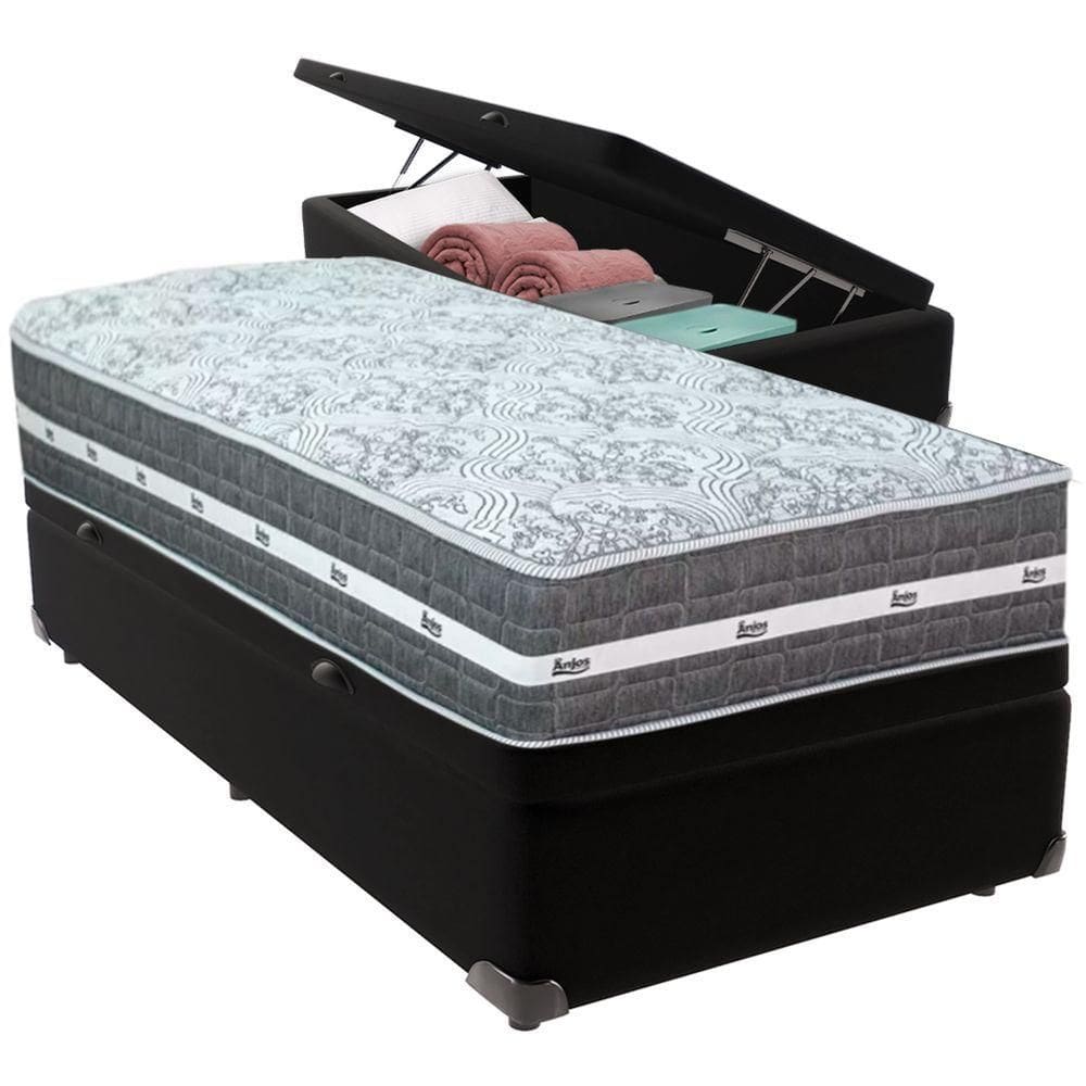 Cama Box Baú Preto E Colchão Black Graphite Molas Ensacadas Solteiro 88x188x27 Anjos