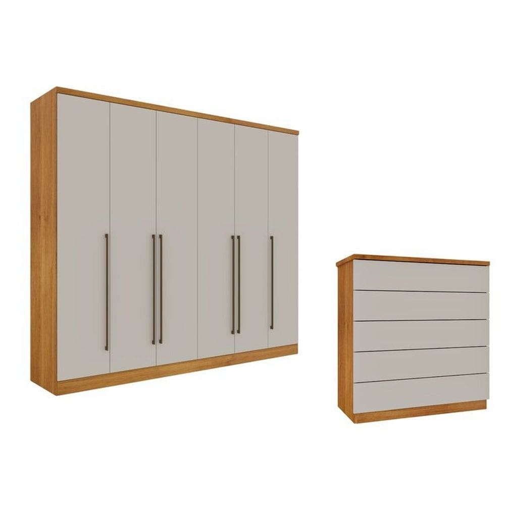 Guarda-Roupa 6 Portas Portugal E Comoda 5 Gavetas Premium Espresso Móveis Cinamomo/Off White