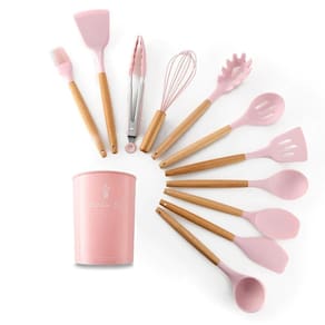 Jogo Utensílios Cozinha Em Silicone E Madeira 12 Peças Rosa
