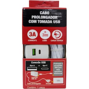 Cabo Prolongador 3A Com Tomada Usb 3M Branco Force Line