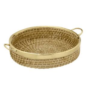 Bandeja Decorativa de Fibra Natural e Alumínio Dourado 26cm