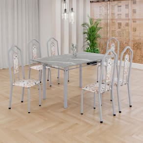 Conjunto de Mesa Tubular 6 Cadeiras 140x75cm Mart Perola com Tampo em Granito Topázio Brenda 010 - Tudo de Móveis