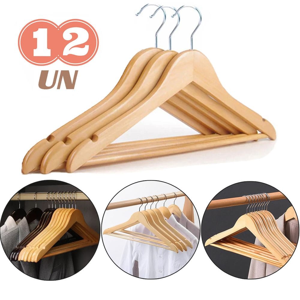 Kit 12 Cabides Madeira Marfim Com Verniz Gancho Cromado Roupas