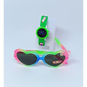 Kit Relógio Infantil Digital Led Redondo Pulseira Silicone Desenho animado 3D + Óculos de Sol Coração Hello Kitty Laço