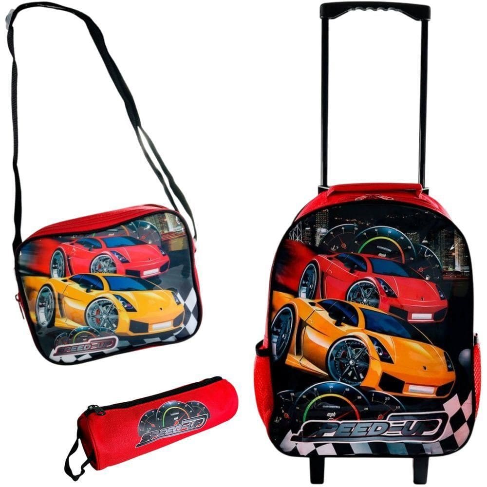 Kit Escolar Infantil Mochila Lancheira Estojo 3 Peças Estampa Carrinho Vermelha Diversão Estilo Presente Ideal